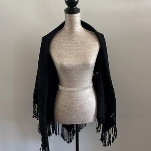 Black shawl or throw in black crochet and fringe.  Beautiful details.